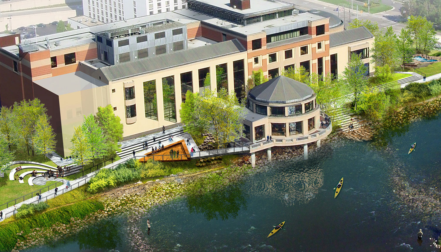 A digitally rendered perspective shows the river edge with walkways, boardwalks, stone stairs, seating areas, and trees.