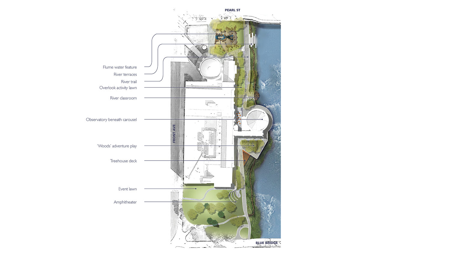 A digital plan view points out important elements such as the flume water feature, the river trail, and the treehouse deck.