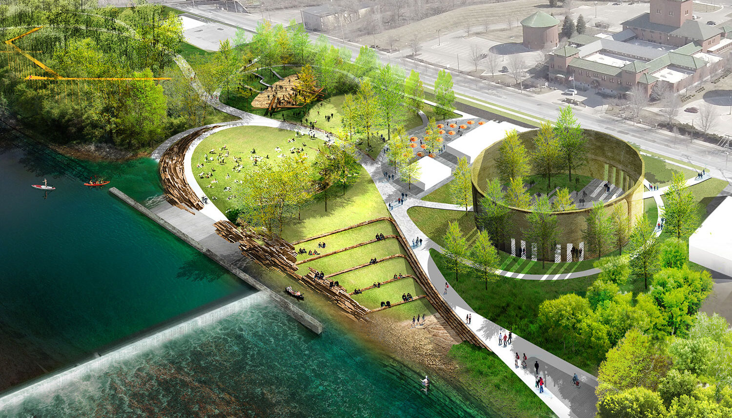A digital perspective shows people fishing and kayaking in the river. Up the banks is a terraced lawn, playground, cafe area, nature walk. and open air structure.
