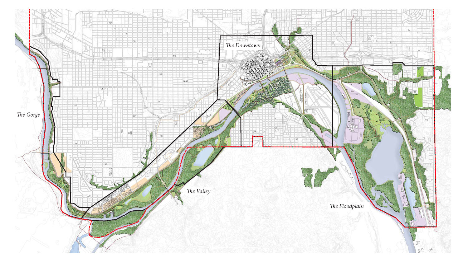 A digital plan view render of the site depicts four large regions of the river as named by the designers: The Gorge, The Valley, The Downtown, and The Floodplain.