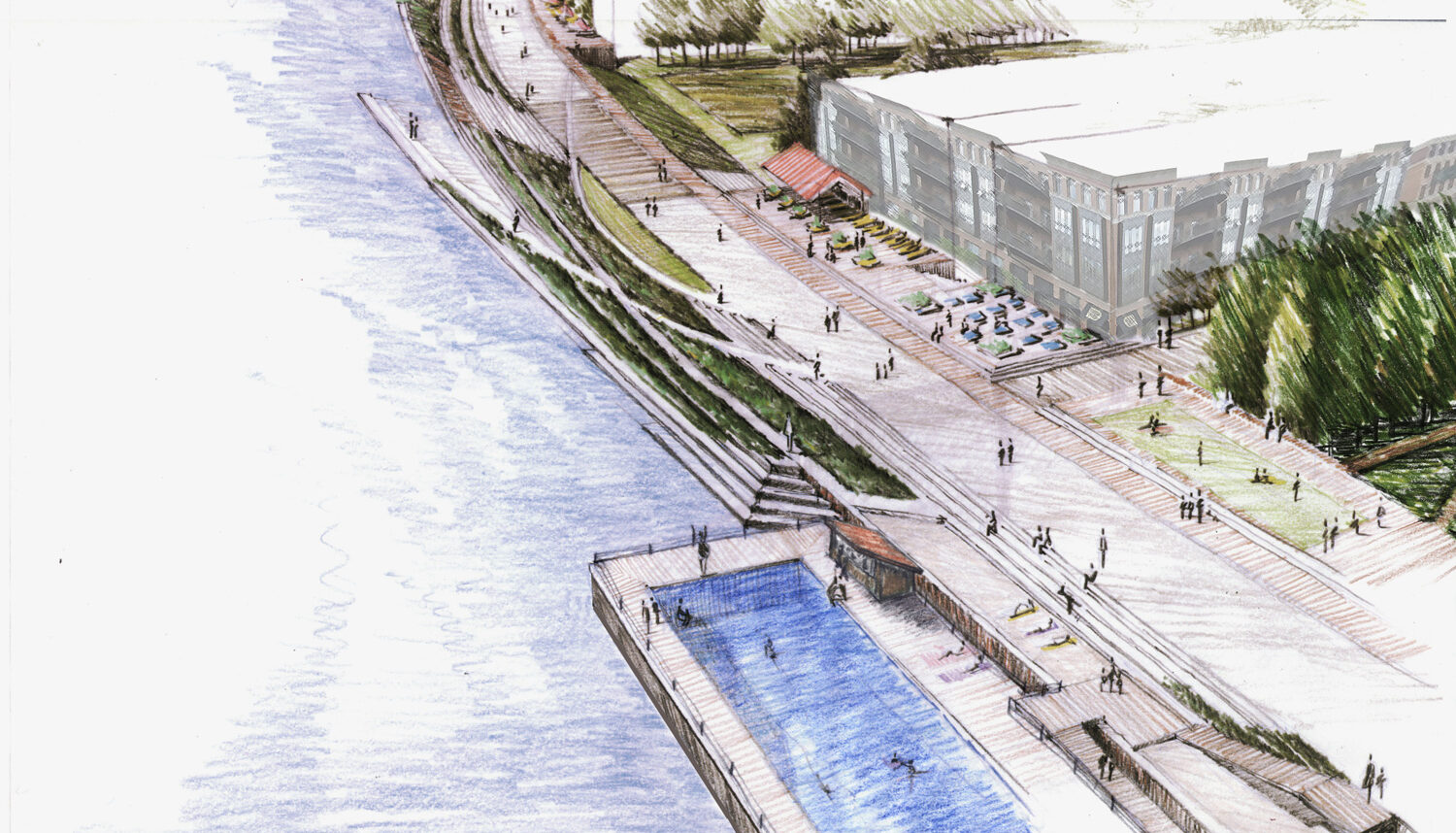 A hand drawn perspective of the river's edge shows a terraced bank of concrete, tiered planting areas, a boardwalk, and a pool.