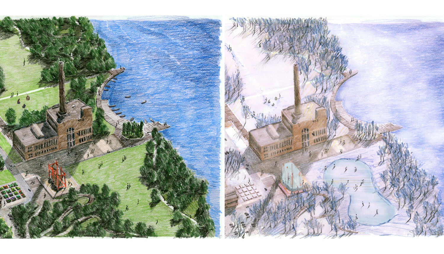 Two Images. One hand drawn aerial perspective shows an industrial building at the river edge with a small boat launch at the edge. The second image is of the same location, but at winter time with kids playing on an ice skating rink.