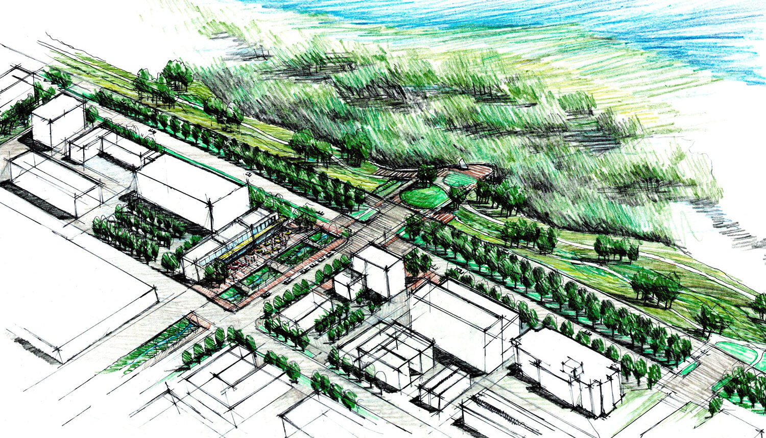 A hand drawn aerial perspective shows a commercial plaza, a long trail system parallel to the river, and a natural buffer at the water's edge.