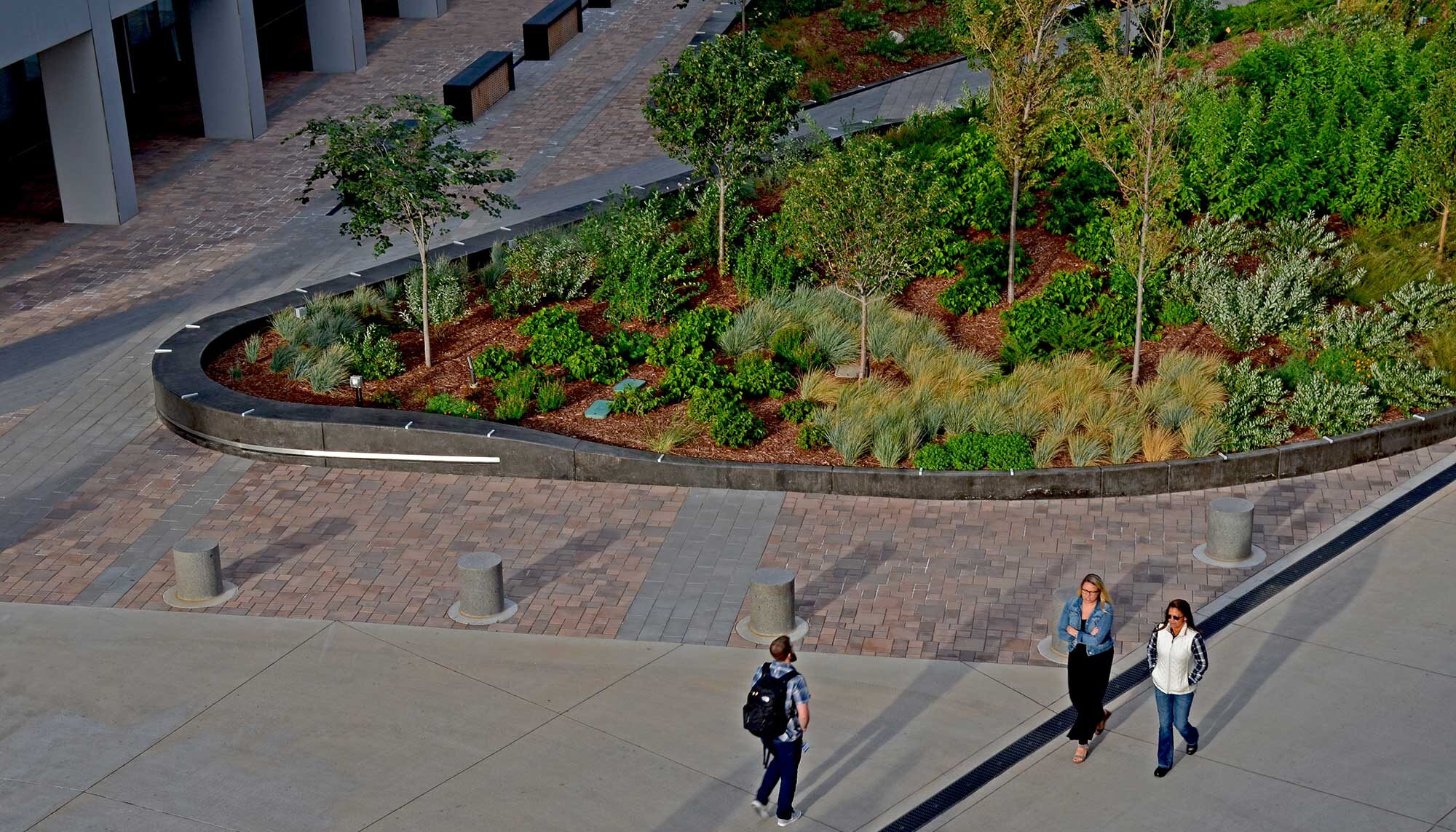 A photo shows three people walking through a plaza with large raised planters of shrubs and trees.