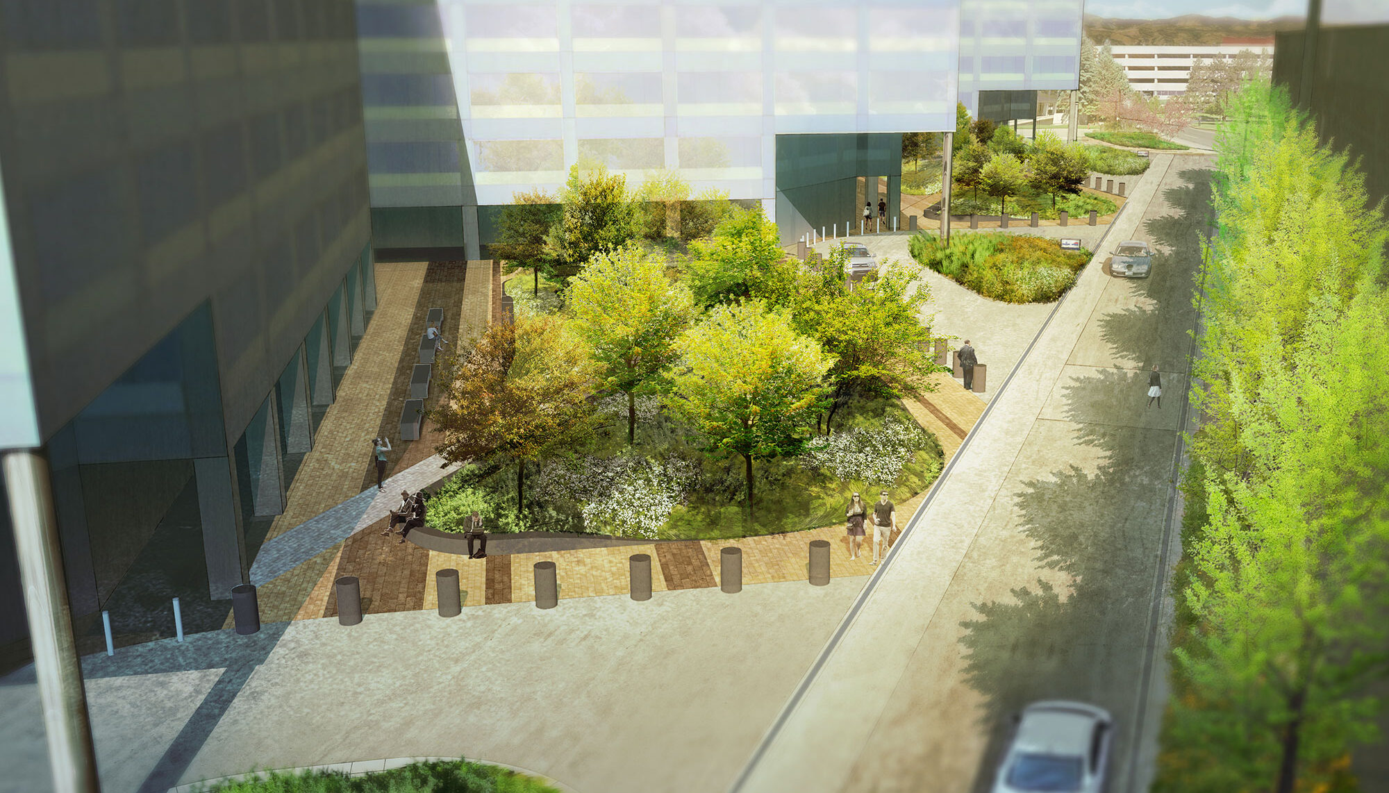 A digital rendering shows a a courtyard with seating and large raised planters.