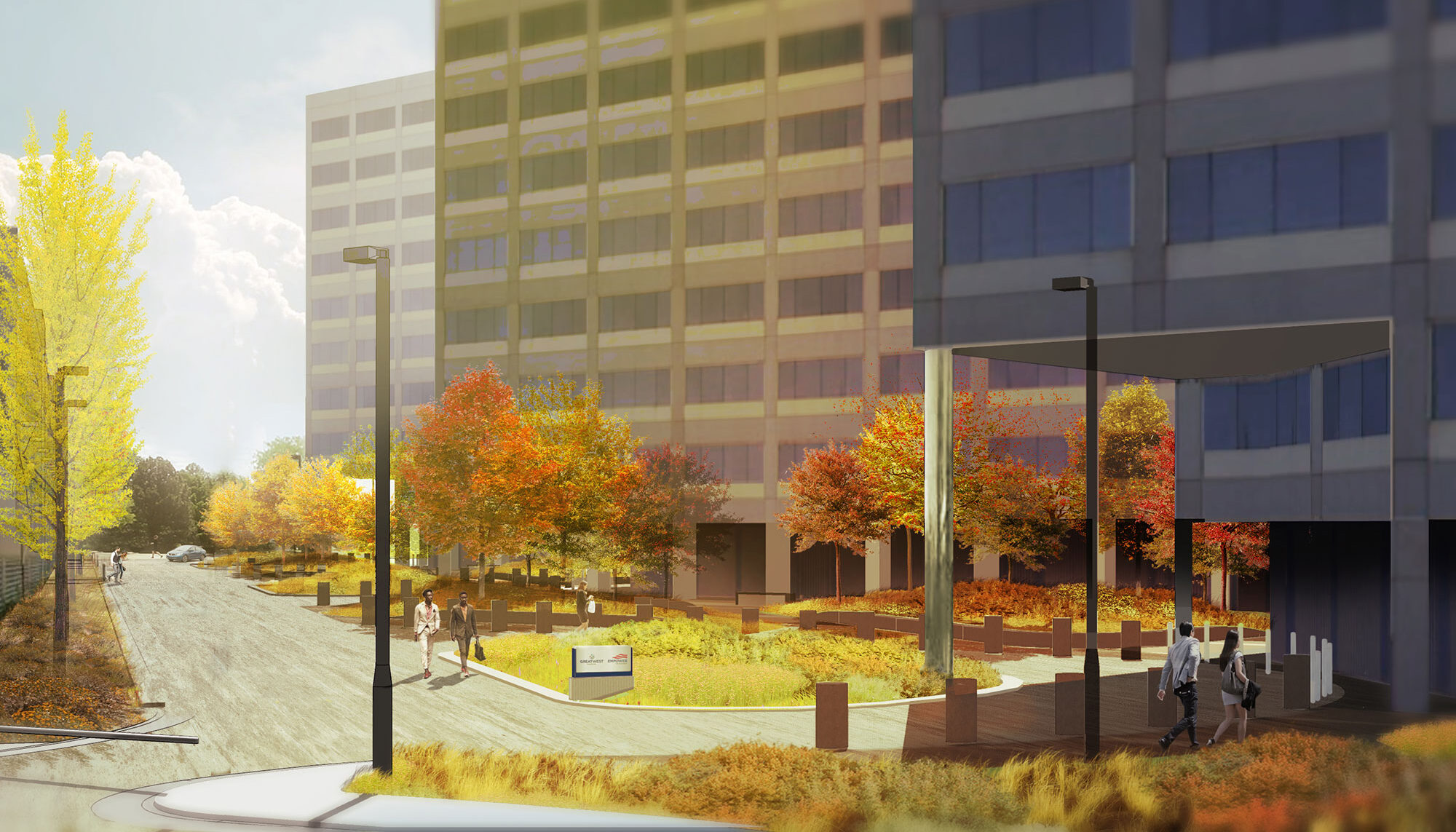 A digital perspective shows people strolling through the plaza amidst vibrant fall foliage.