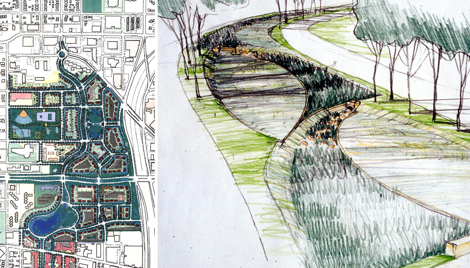 Two images: One a hand drawn plan of the site with houses, recreation fields, and trails. Second, a hand drawn perspective of a large median with sweeping planting areas and trees.