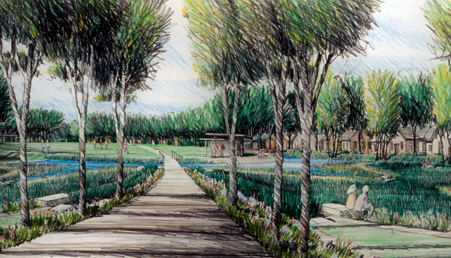 A hand drawn perspective of a shaded walkway cutting through a garden with seating areas, trees, and a river in the distance.