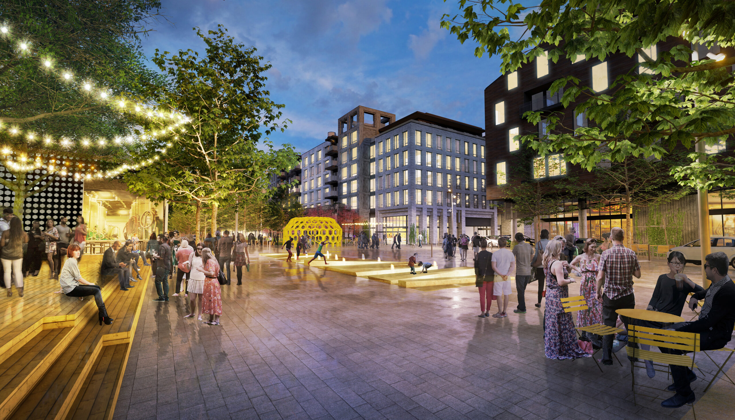 Perspective concept rendering of the central plaza of the Post District redevelopment at dusk with people gathering near a yellow art sculpture, at café tables, and on the terraced steps of a restaurant underneath a string of lights