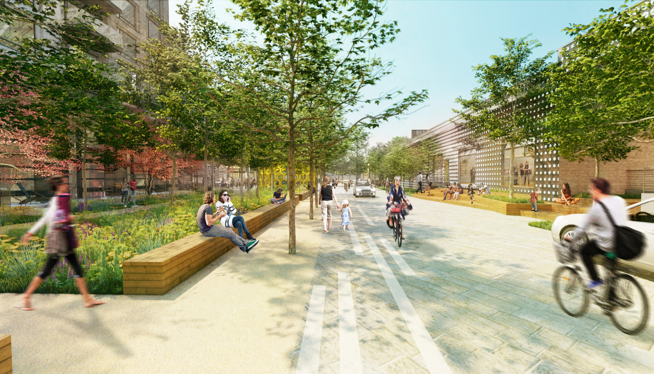 Perspective concept rendering of a curbless plaza-street shared by bicyclists, pedestrians, and vehicles.