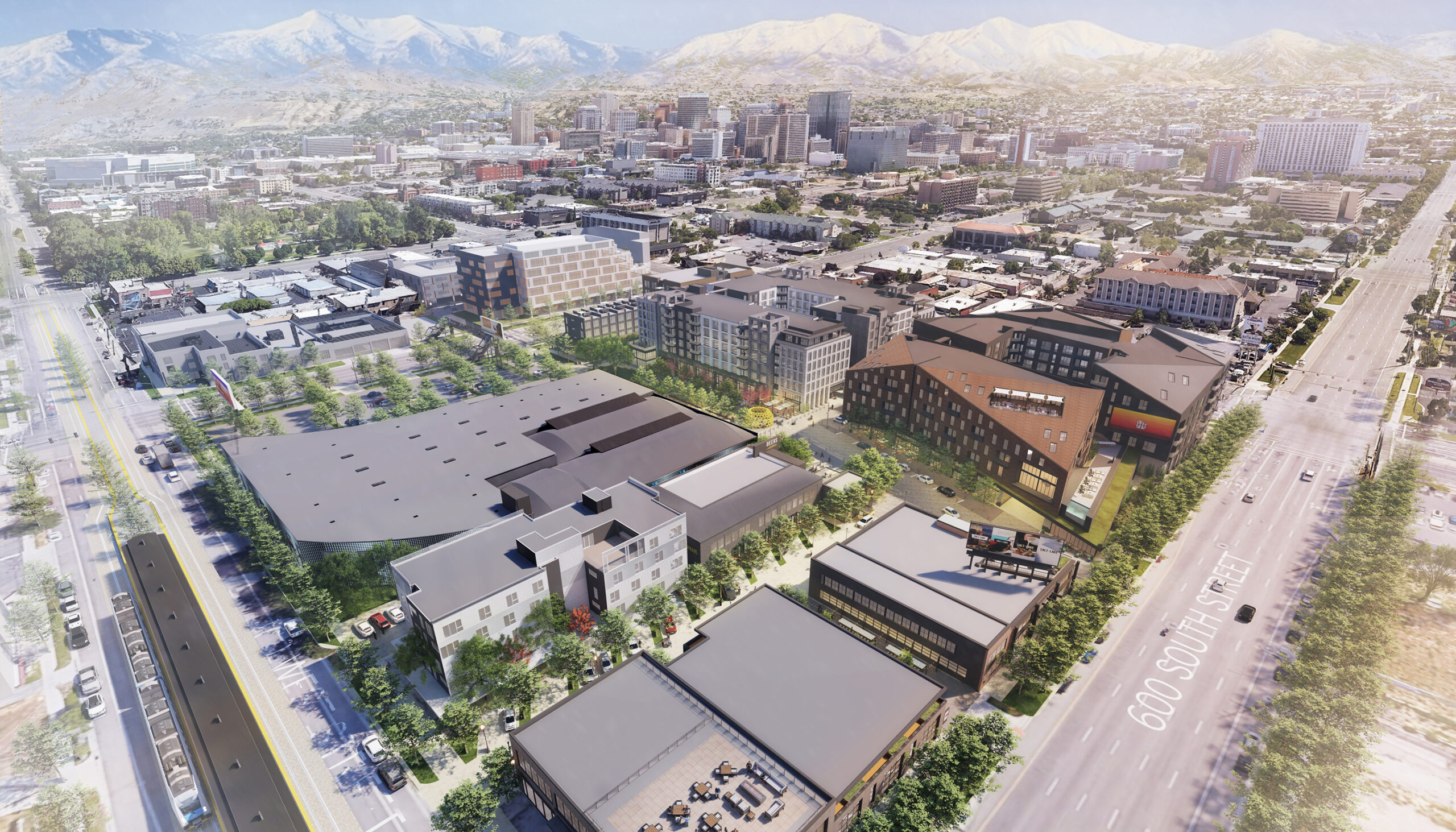 bird's eye rendering of proposed improvements of the Post District block including new buildings and lots of trees