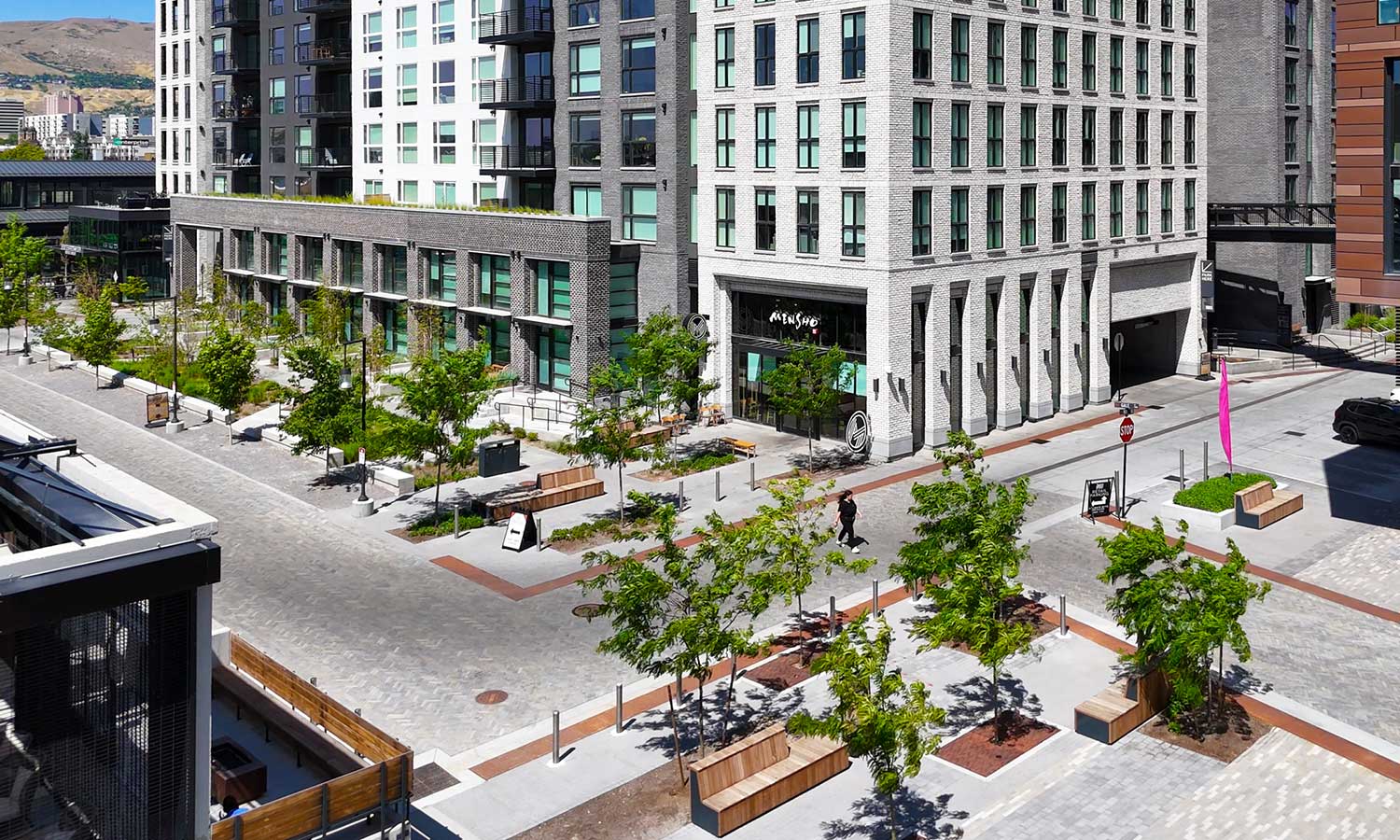 Drone image of Gale Street promenade at Post District