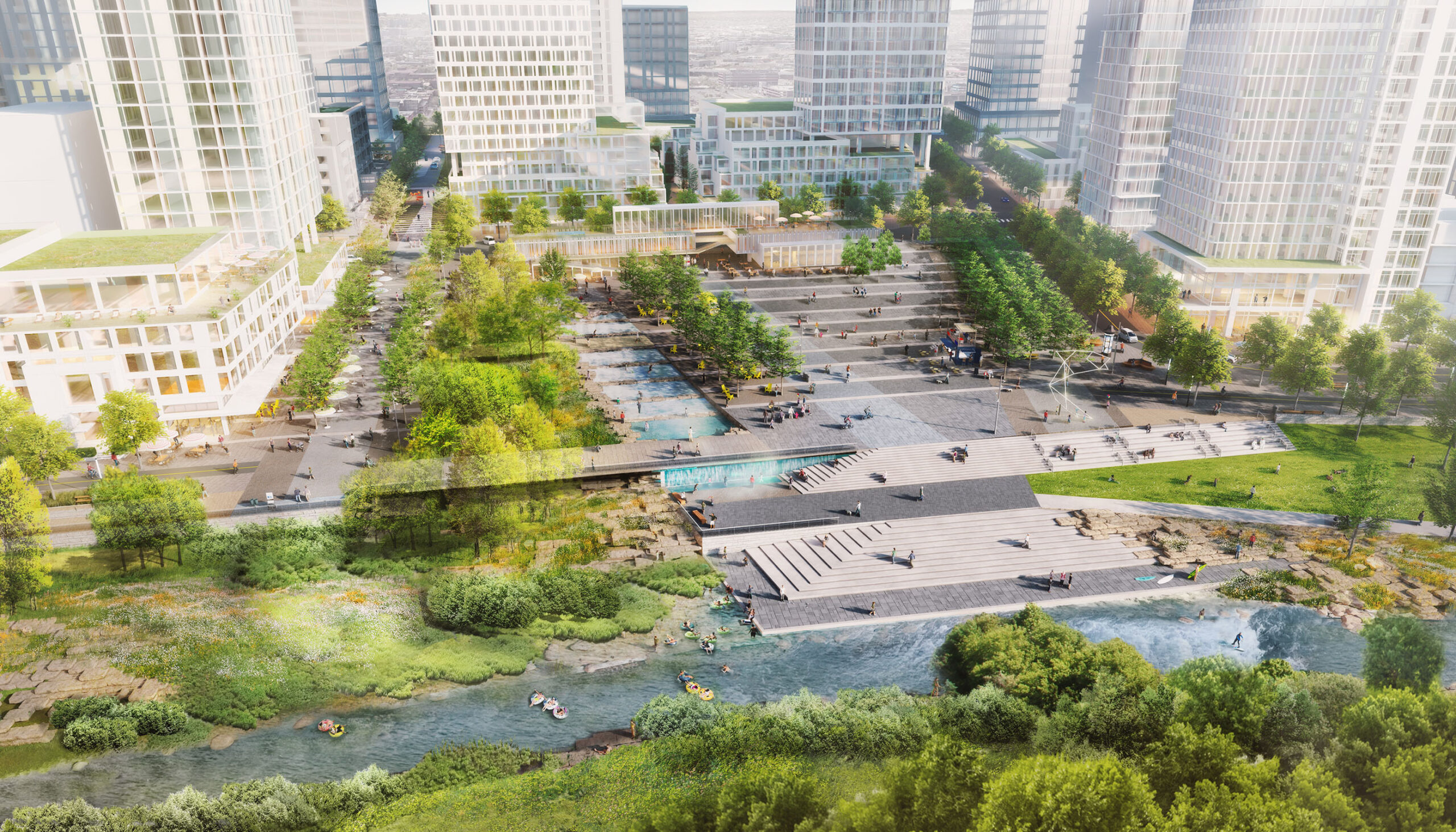 3D illustrative bird's eye rendering of the grand central plaza space with access to the river's edge