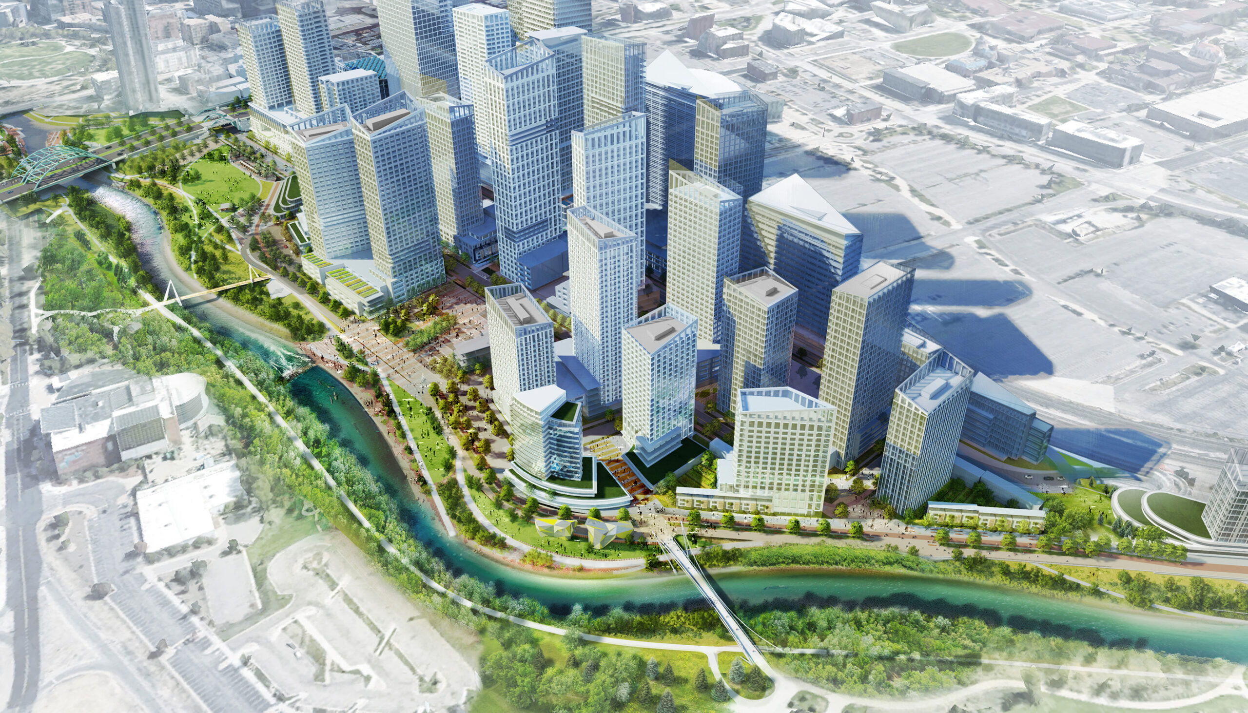 3D illustrative bird's eye rendering of the proposed River Mile redevelopment and restored South Platte River edge