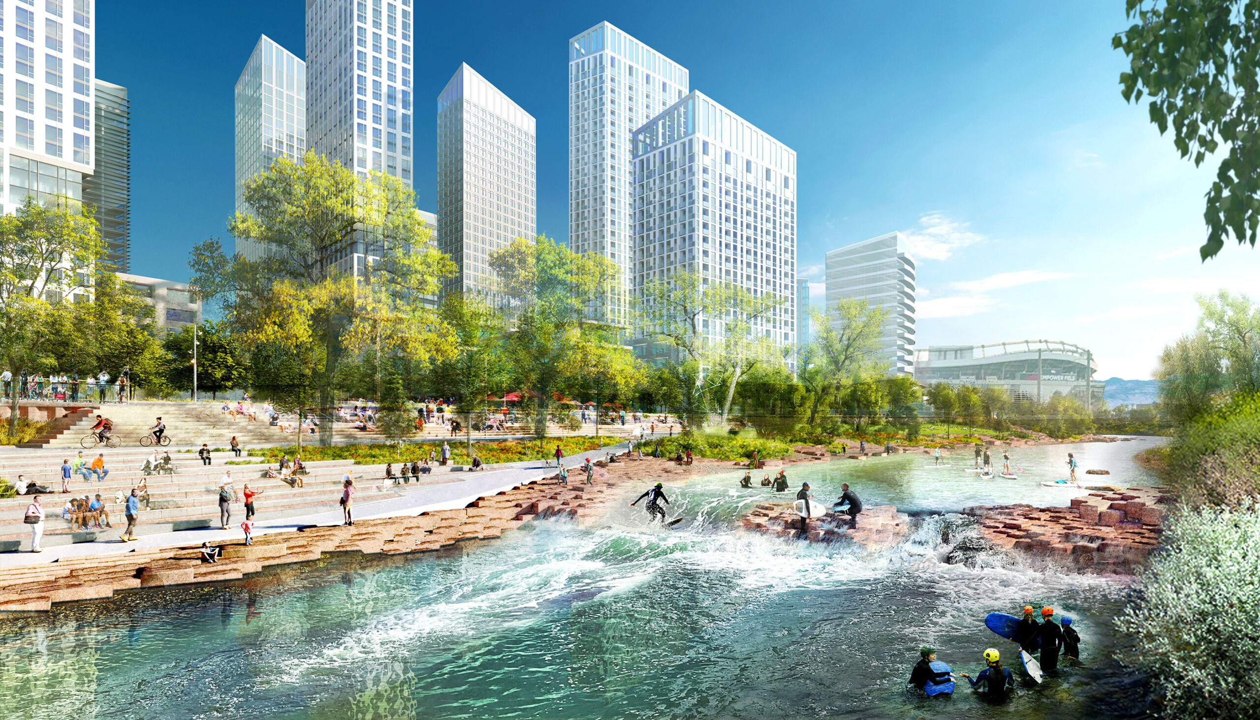 3D illustrative rendering of a white water park with adjacent terraced seating and stone edge along the river