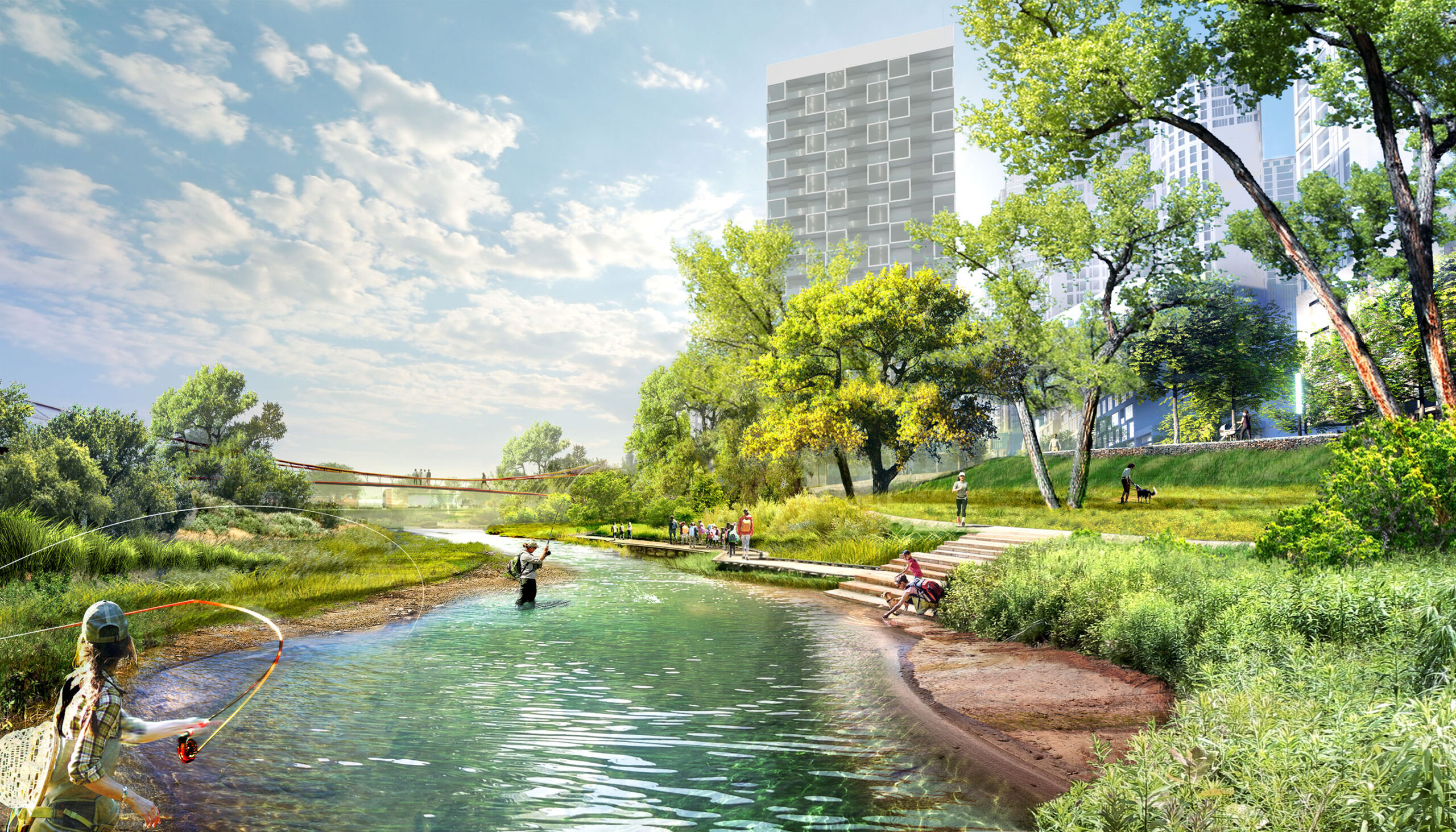 3D illustrative rendering of a woman fly-fishing in the restored river with people accessing the water's edge and a nature class walking along a boardwalk through a wetland in the distance.
