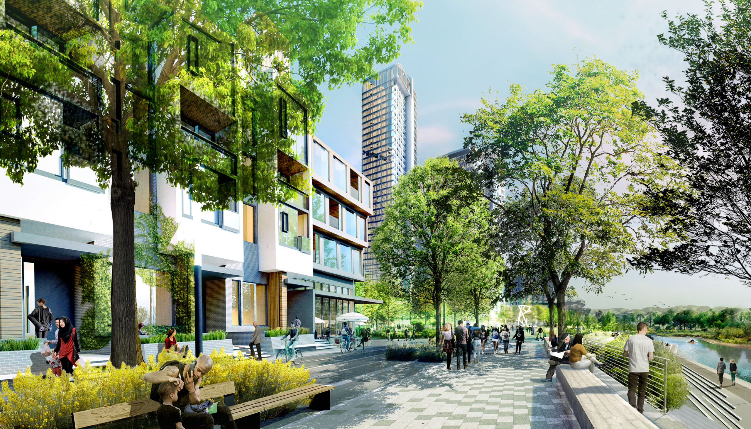 3D illustrative rendering of an urban promenade looking over the river filled with people enjoying the outdoor space.