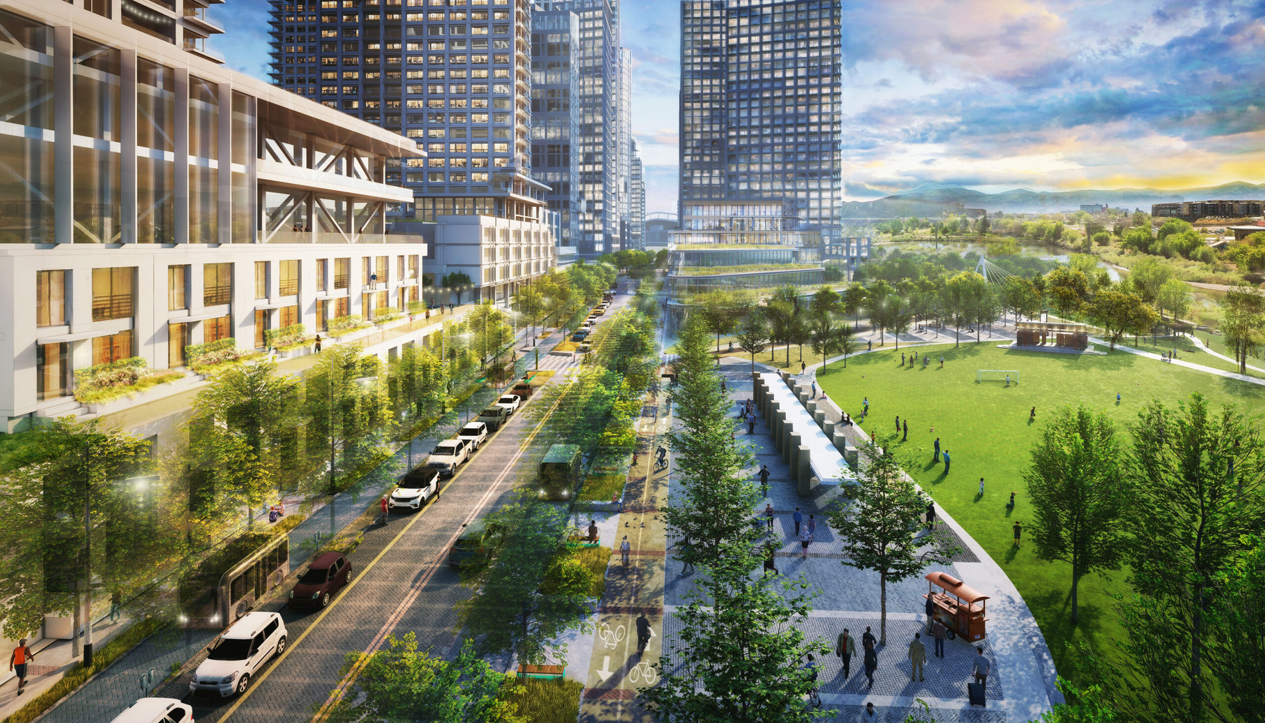 3D illustrative bird's eye rendering of the regional bike trail connection between the urban edge and green park space.