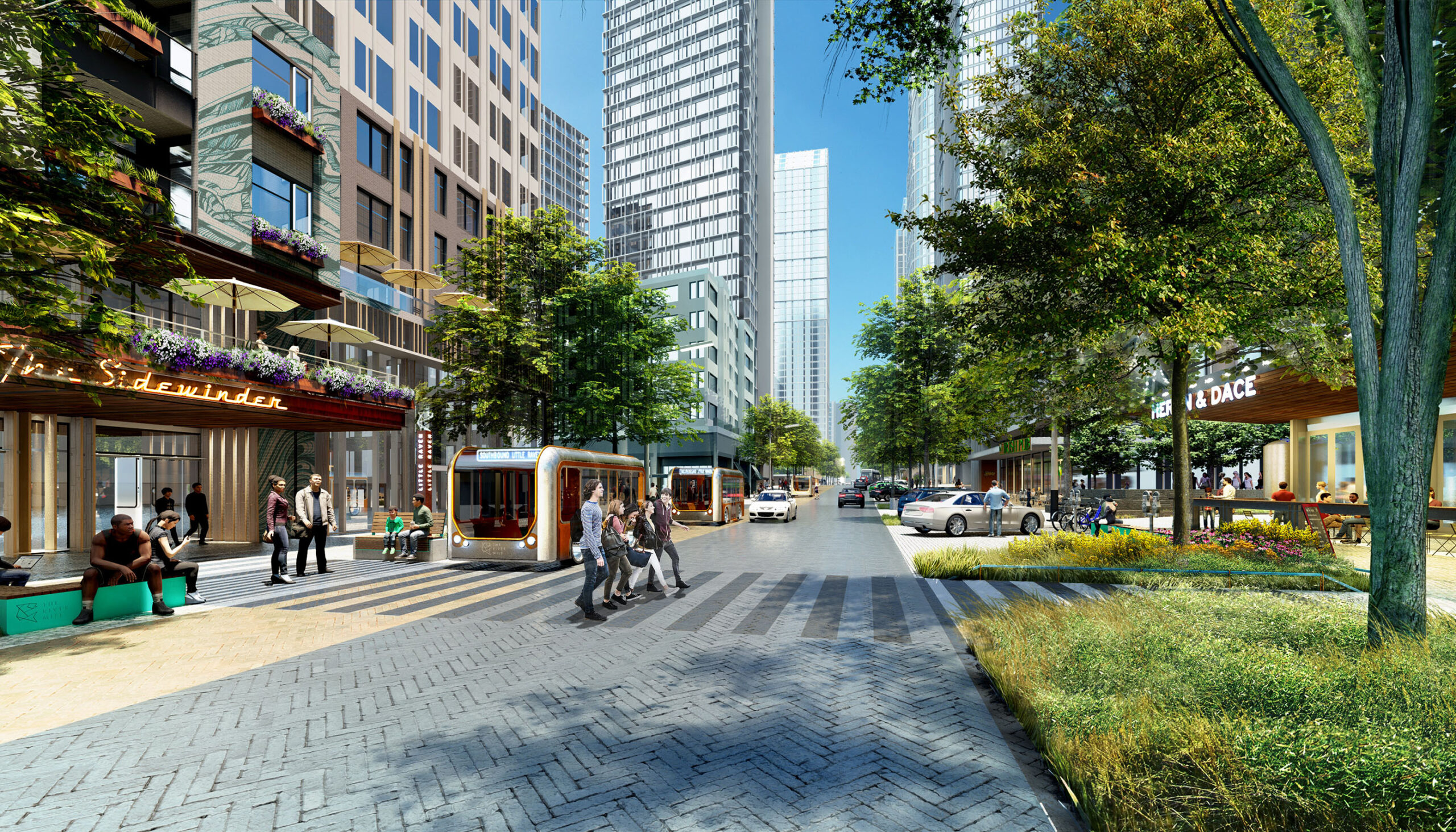 3D illustrative rendering of a streetscape with porous pavers and water-quality planters along the right-of-way