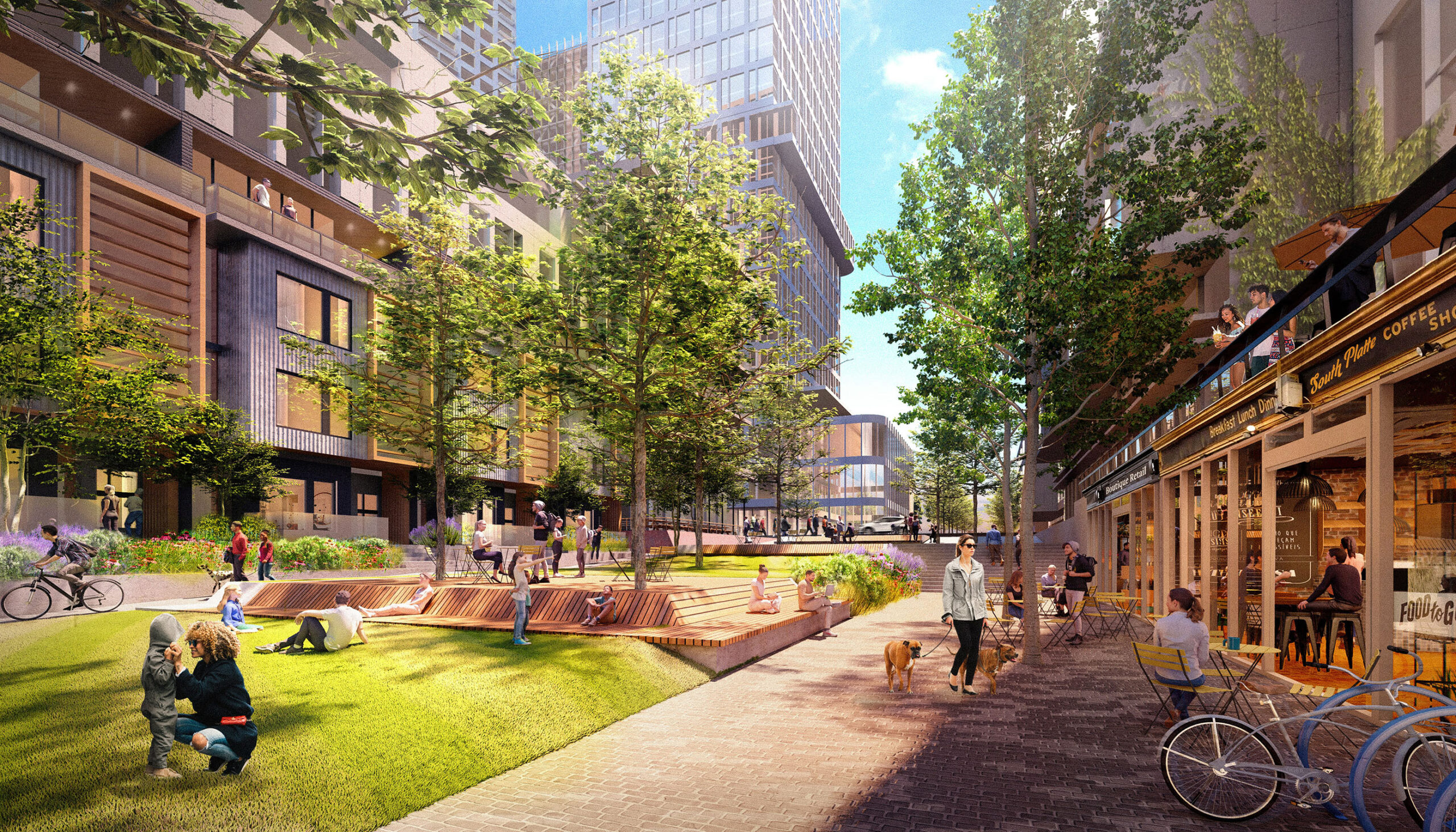 3D illustrative rendering of neighborhood residents relaxing within a shaded pedestrian "mew," or walkable pedestrian corridor within the redevelopment
