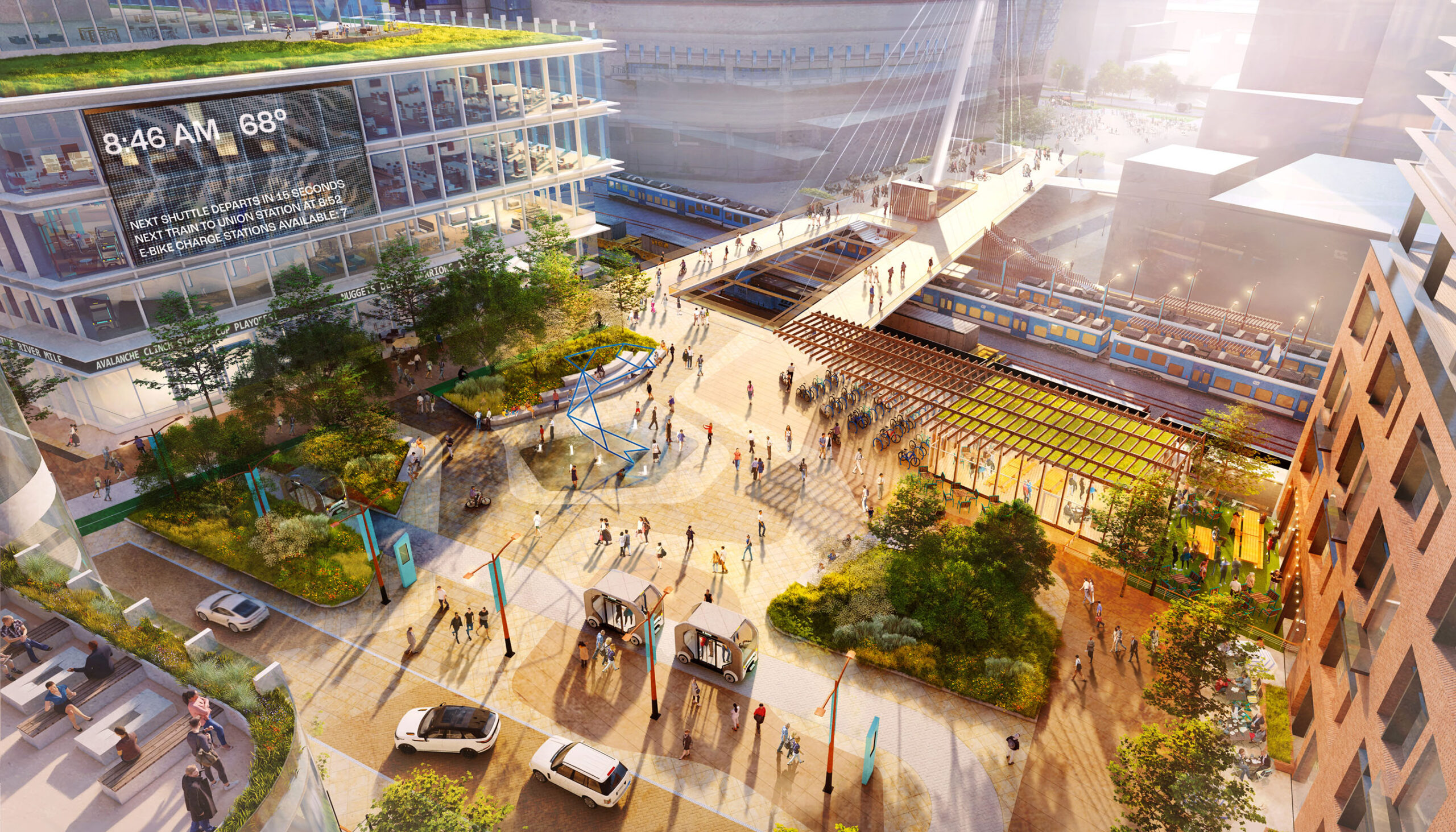 3D illustrative bird's eye rendering of the transit plaza space concept and bridge connecting over the lightrail trains to Ball Arena
