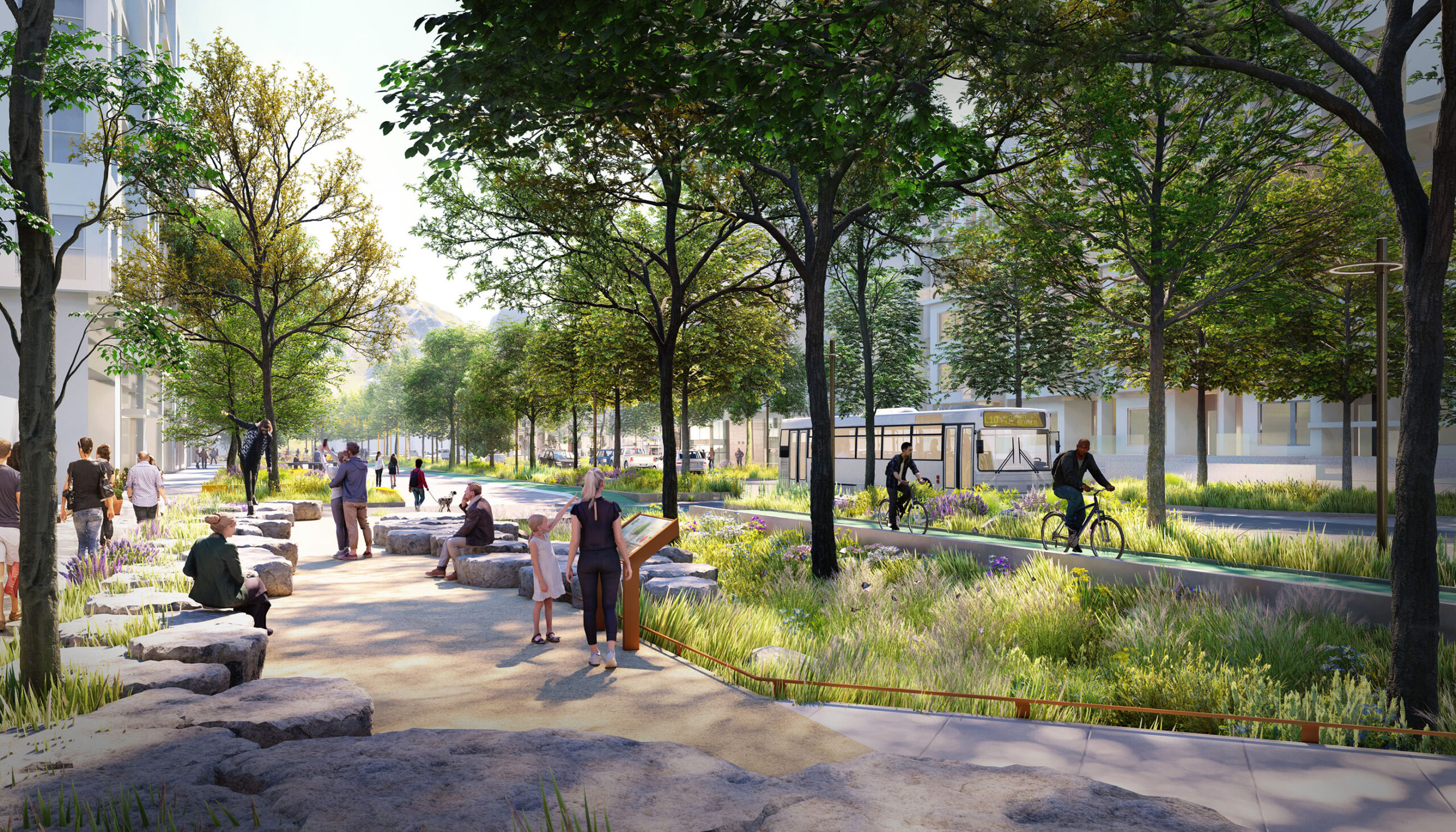 3D perspective rendering of water-quality rain gardens integrated into the proposed green loop design which includes a pedestrian promenade lined with boulders, bike lane, and vehicular lanes