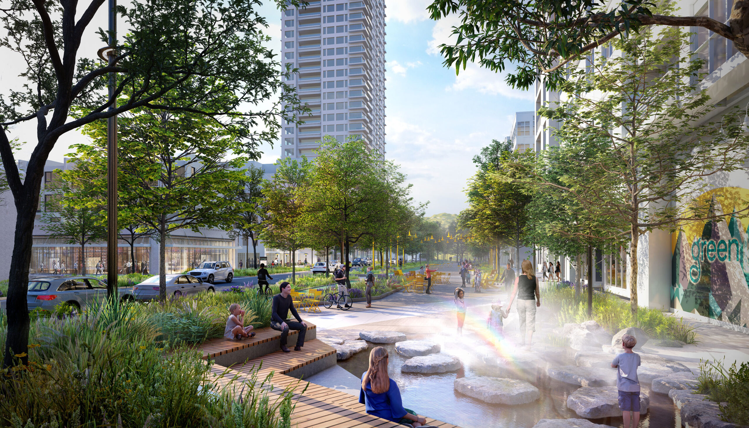3D perspective rendering of a water feature with boulders and an adjacent terraced seating area along the Green lLop