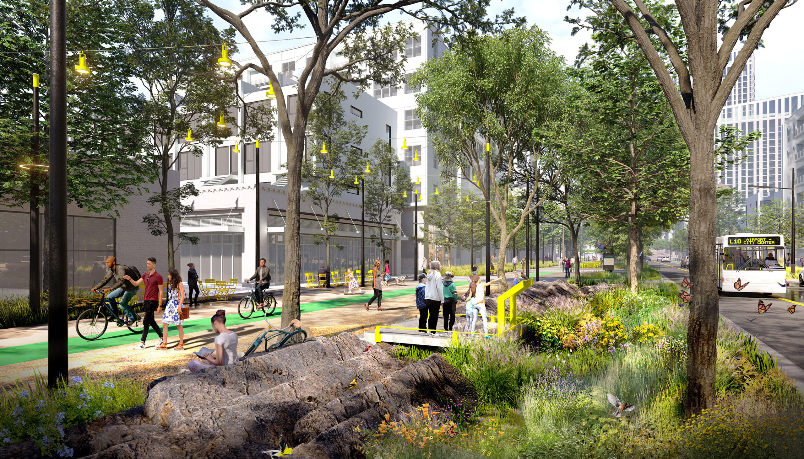 3D perspective rendering of a water-quality garden, bike lane, and educational node along the Green Loop