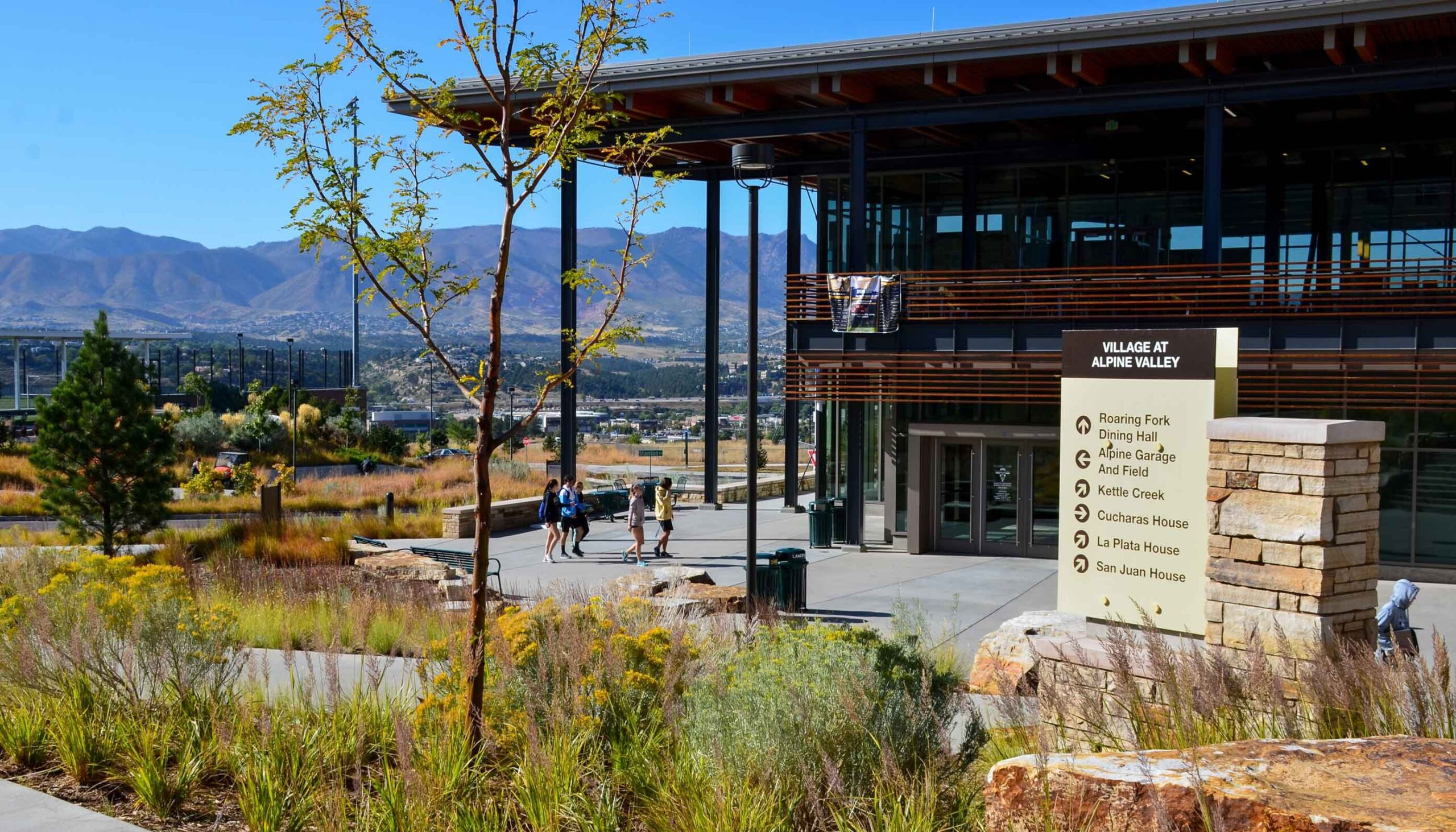 Rugged grasses and rough-cut stone soften the concrete plaza as students approach a modern campus building.
