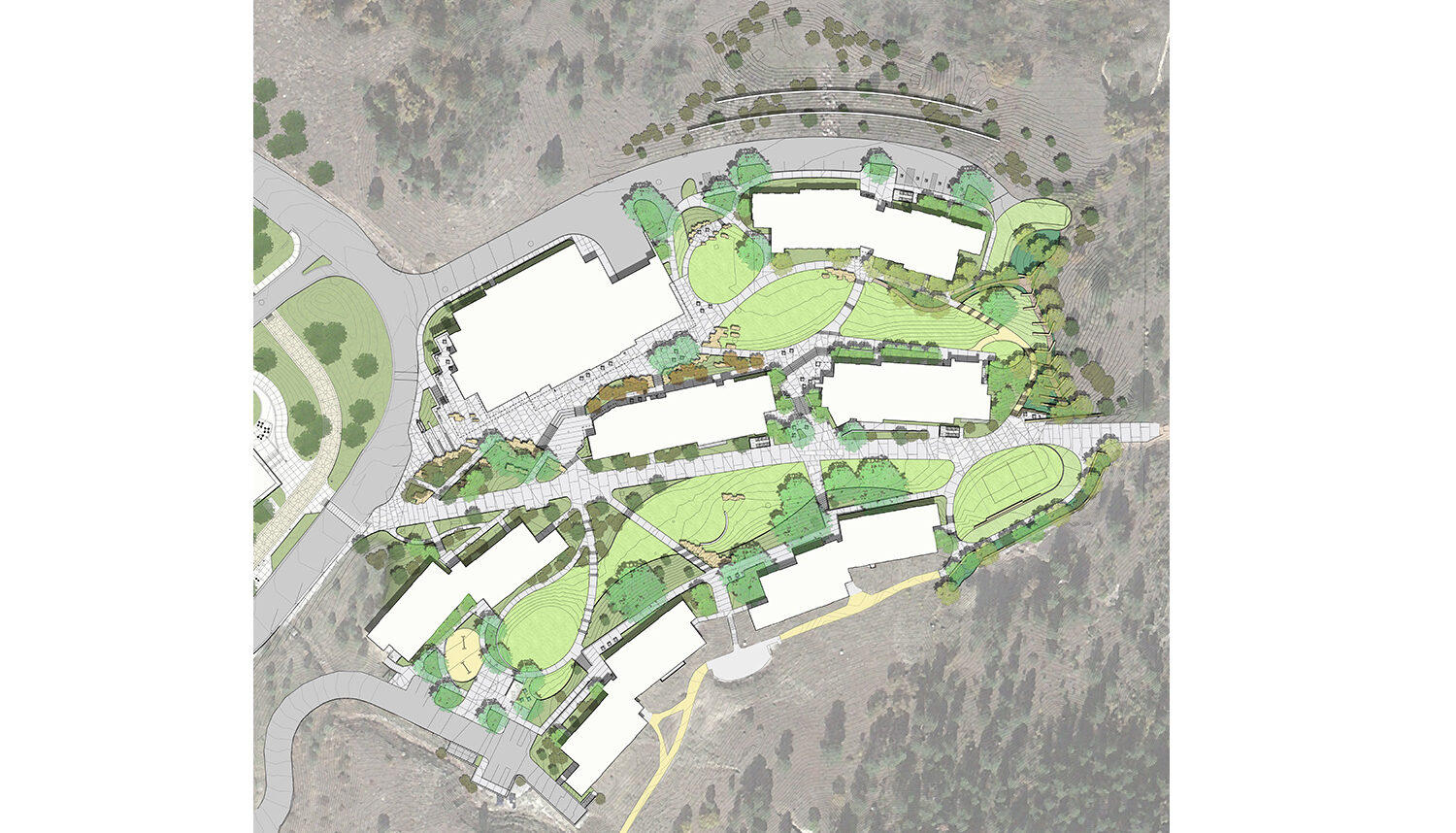 A plan view rendering of the campus superimposed overtop a satellite aerial.