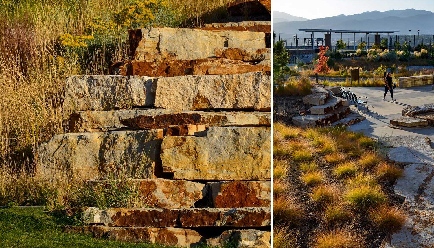 A split image. The image on the left is a close up image of rough cut stone terraced into a grassy hill. The image to the right has native grasses in the foreground with a stone and concrete plaza behind and mountains in the distance.
