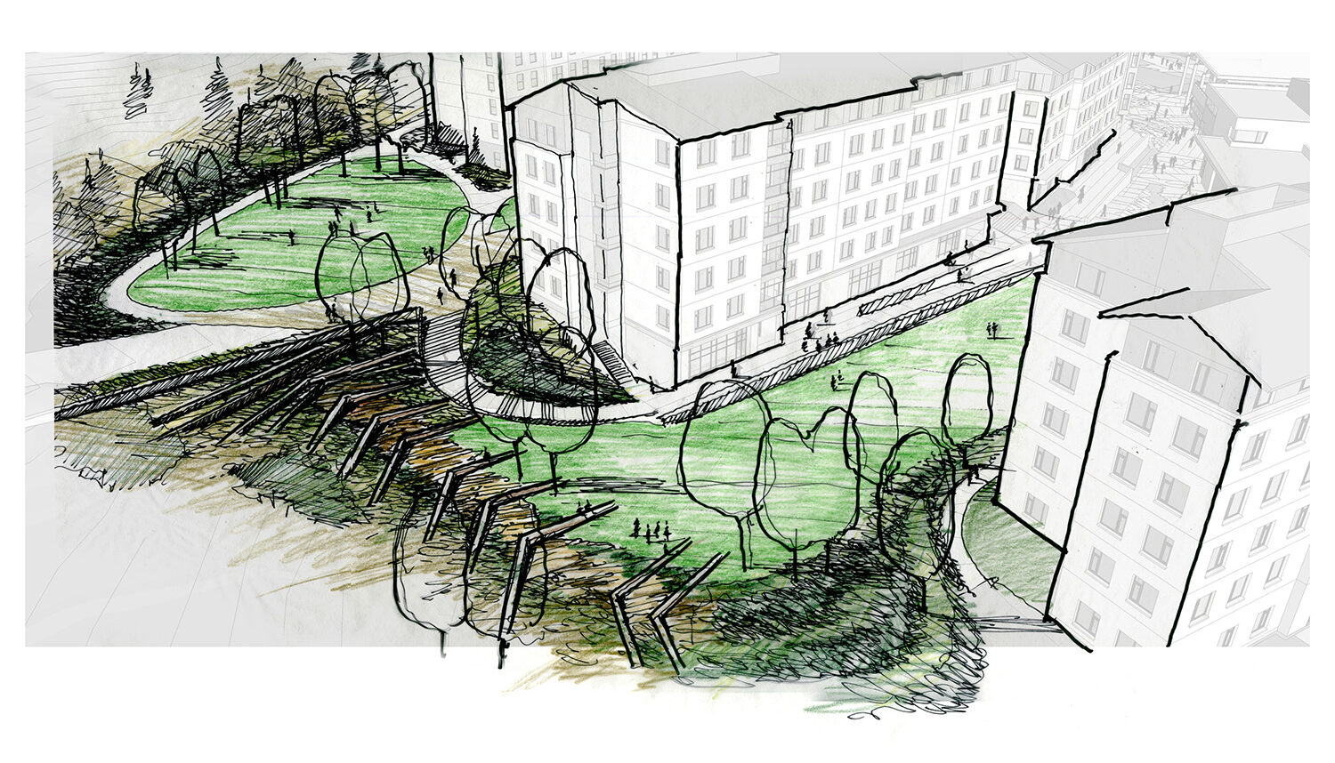 A sketch style, hand drawn rendering of turf lawns and bermed landscape weaving in and around the campus buildings.