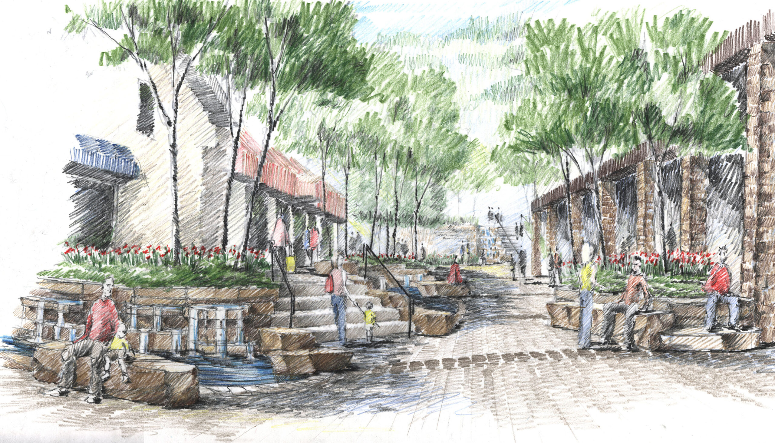 Hand sketch rendering of the pedestrian street improvements and a small water feature made of stone in the foreground