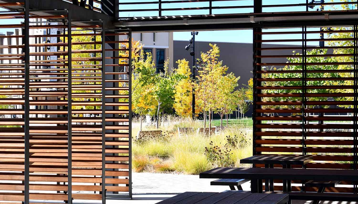 View from inside the custom pavilion looking out through the door opening and wooden slats to the fall color of the native plantings in the plaza.