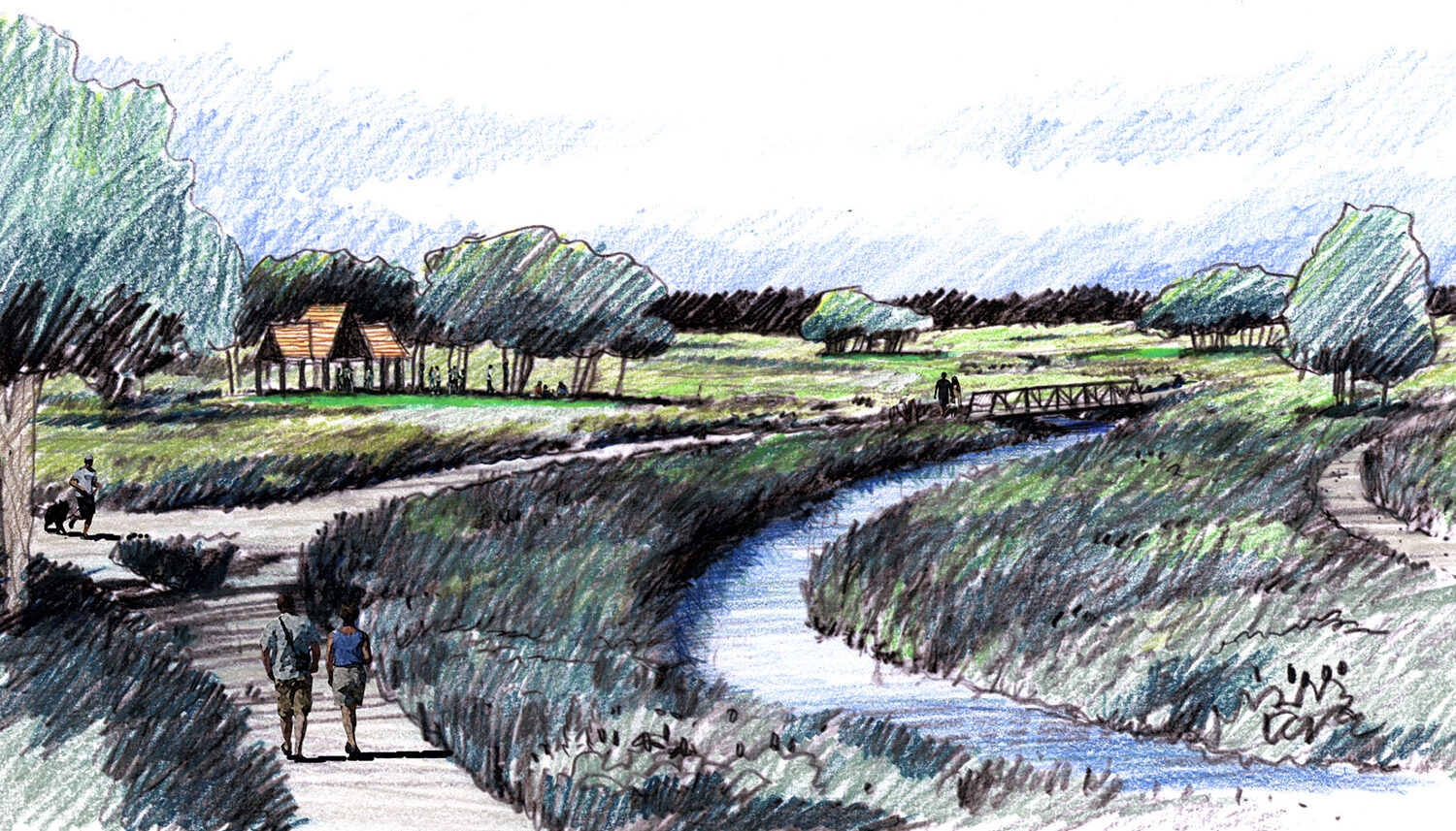 Hand rendering of a wide creek corridor with wetland edges.