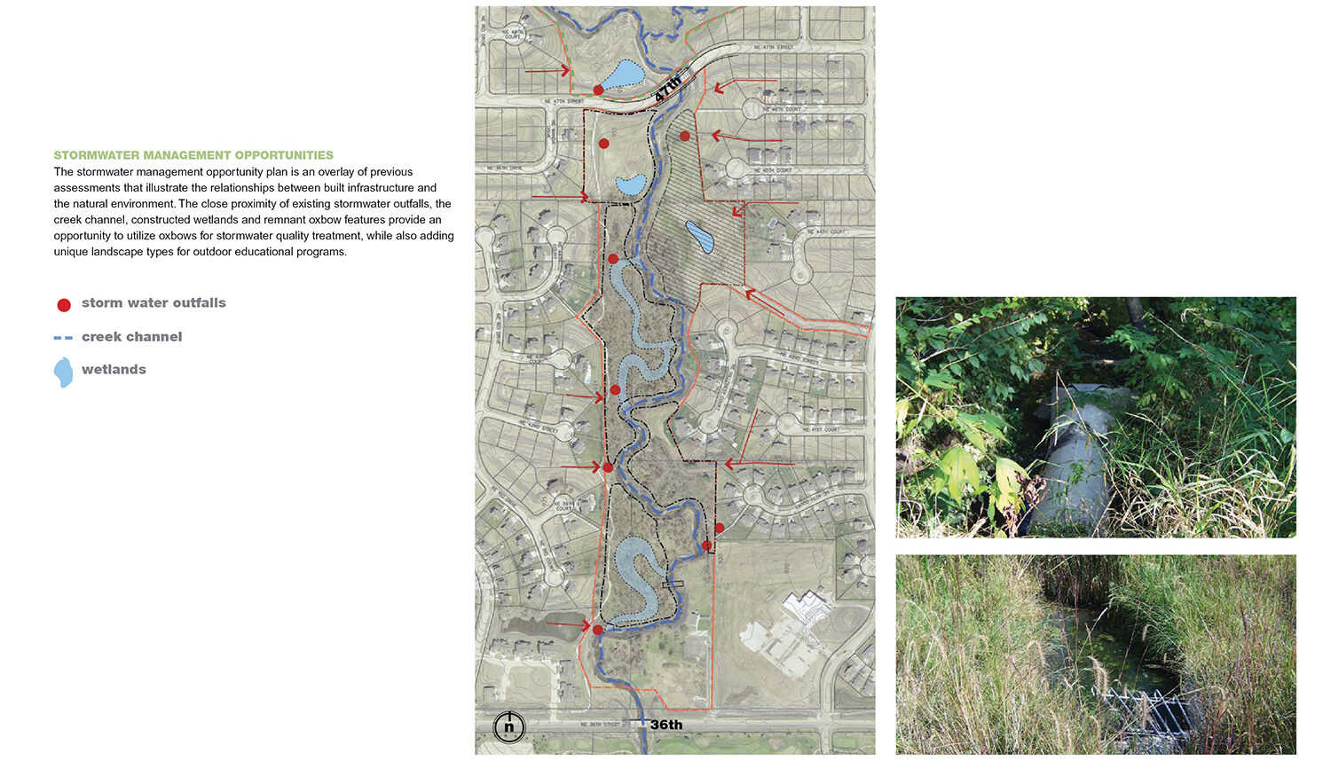 Stormwater management opportunities diagram shows stormwater outfall locations and wetlands along the creek channel.