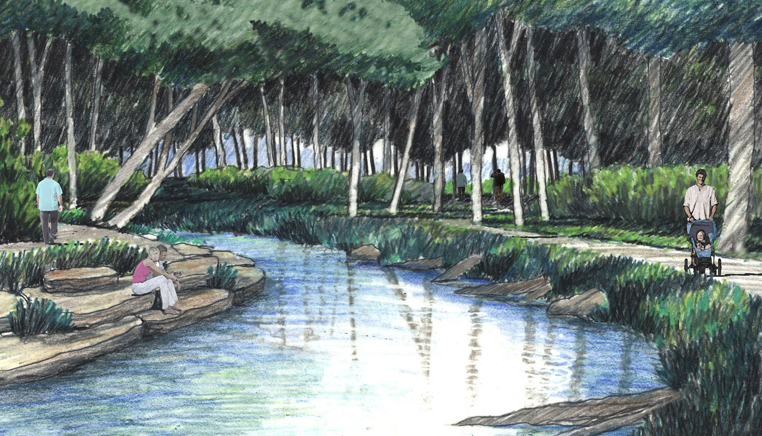 Perspective hand rendering illustrates park visitors on the creek side trails and sitting on stones at the water's edge.