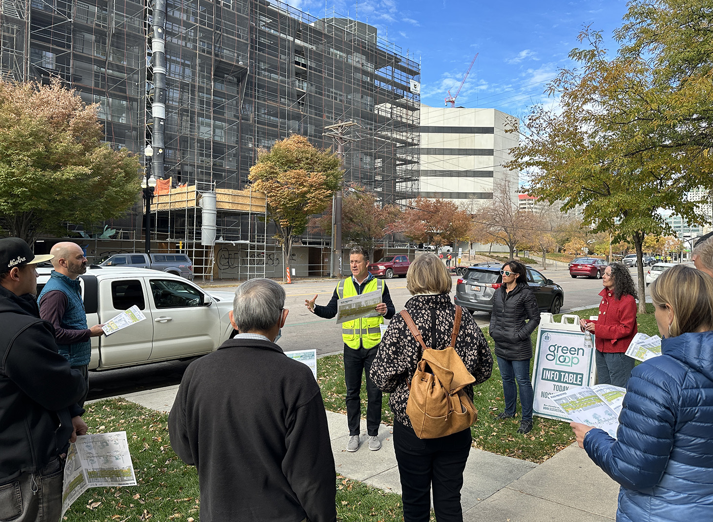 Greg speaking to group on a site tour of the Green Loop