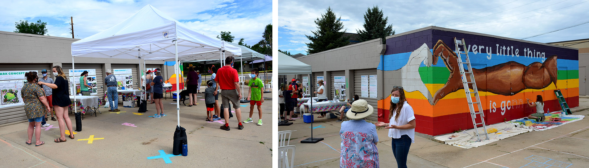 Public Outreach event during covid for a project in Lafayette, CO, included a mural being painted on the side of a building and opportunities for visitors to talk to the project team.