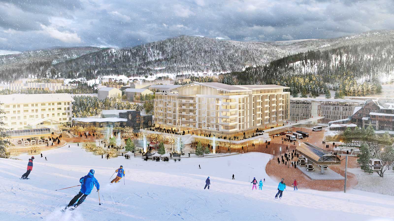 Rendering - View from on the ski mountain of the revitalized mountain base area below