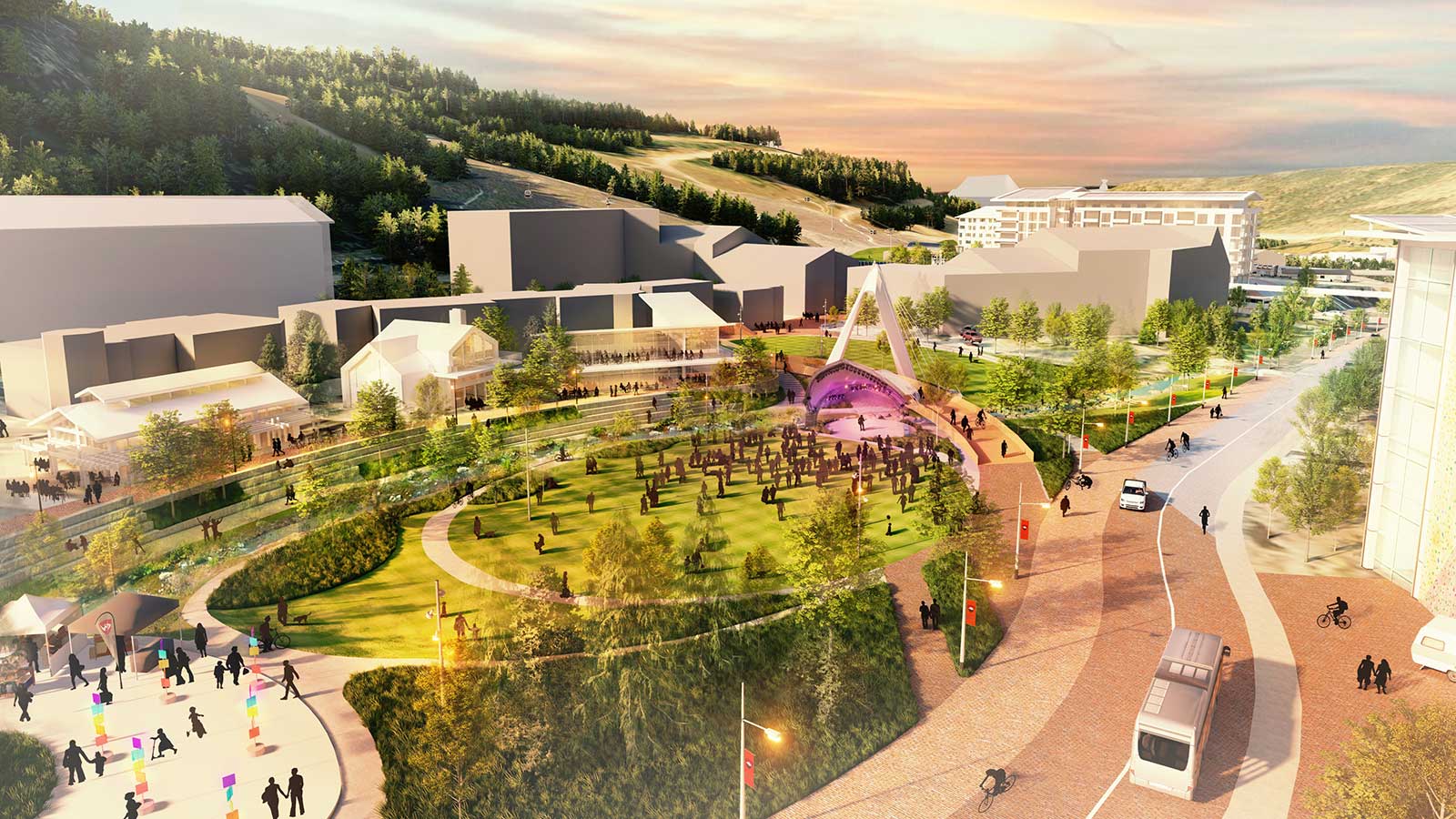 Rendering - River park spaces with stage pavilion
