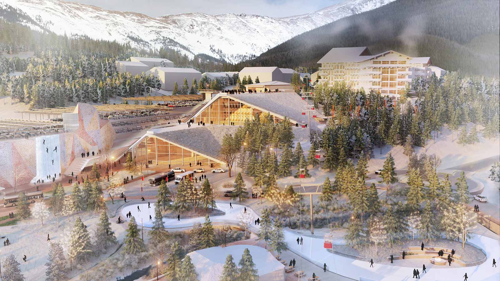 Rendering - the Adventure Center with winter ice-skating rink in front of the building