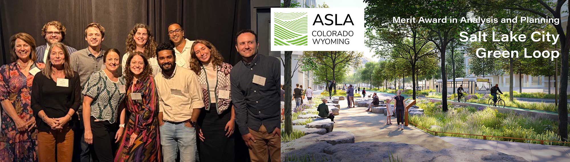 Dual image: 1) Wenk staff celebrates project award; 2) rendering of the Salt Lake City Green Loop project