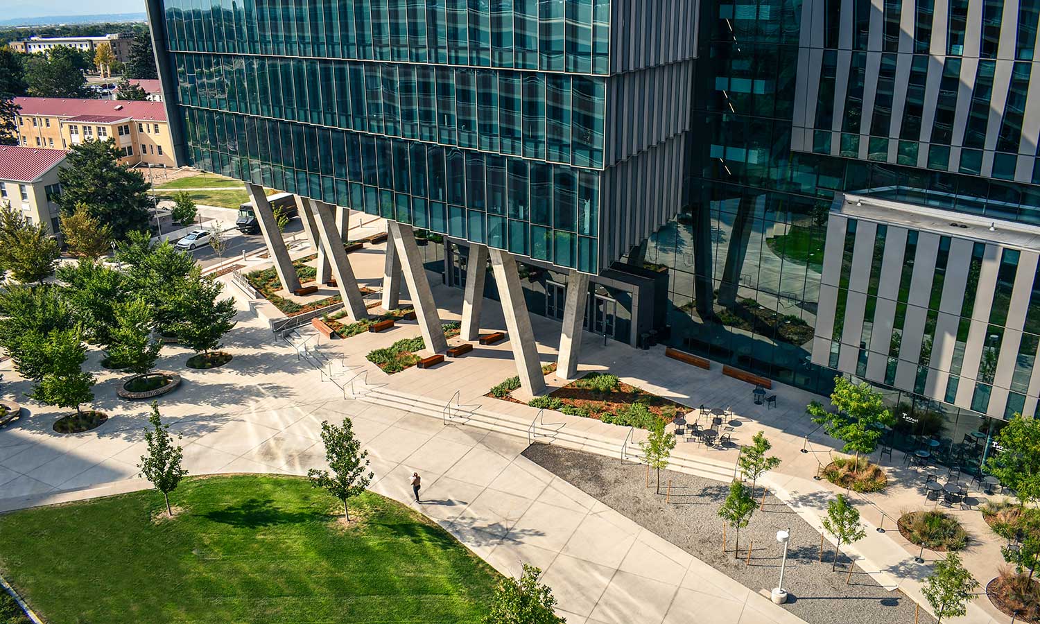 Birdseye view of the building's "front porch".