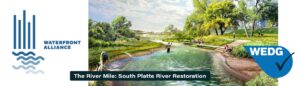 Rendering of river restoration along the South Platte River. A woman fly-fishes while a teacher leads a nature class along a wetland boardwalk in the distance.