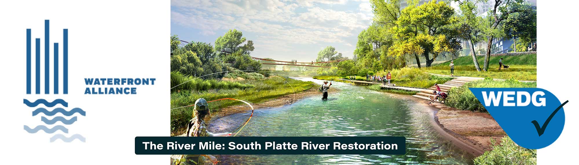Rendering of river restoration along the South Platte River. A woman fly-fishes while a teacher leads a nature class along a wetland boardwalk in the distance.